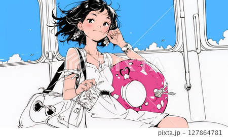 夏休みの思い出：友達と海水浴に行く（シンプルな色使い）