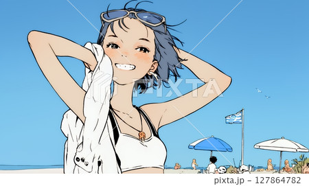夏休みの思い出：友達と海水浴に行く（シンプルな色使い）