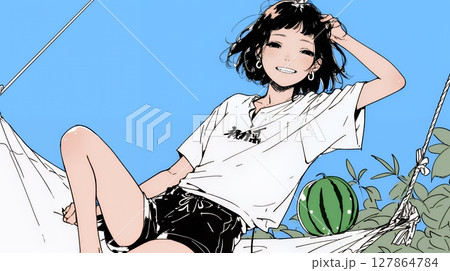 夏休みの思い出：スイカを抱いてハンモックで昼寝（シンプルな色使い）