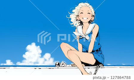 夏休みの思い出：海辺の町への一人旅（シンプルな色使い）