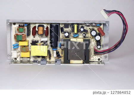 switch mode power supply internal unit of LCD TV, printed circuit board with electronic components and microcircuits 127864852