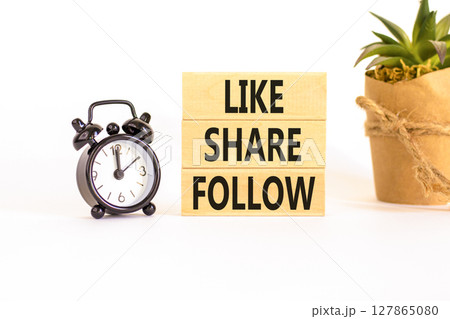 Like share follow symbol. Concept words Like Share Follow on beautiful wooden blocks. Beautiful white background. Black alarm clock. Business like share follow concept. Copy space. Like share follow symbol. Concept words Like Share Follow on beautiful wooden blocks. Beautiful white background. Black alarm clock. Business like share follow concept. Copy space. 127865080