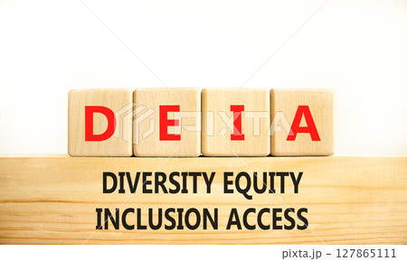 Diversity equity inclusion access symbol. Concept words DEIA diversity equity inclusion access on blocks. Beautiful white background. Business diversity equity inclusion access concept. Copy space. Diversity equity inclusion access symbol. Concept words DEIA diversity equity inclusion access on blocks. Beautiful white background. Business diversity equity inclusion access concept. Copy space. 127865111