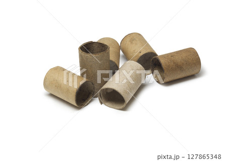 cardboard packaging for thread of spark plugs heap, on white background, with clipping path 127865348
