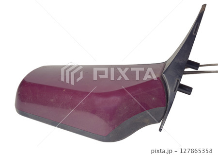 car side mirror. metal vinous painted housing, black mounting bracket, isolated on white background 127865358