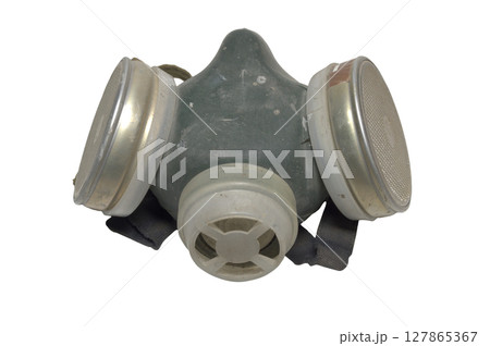 dust mask on half face, with dual replaceable filters. painting respirator for safety work while spraying. isolated on white background, with clipping path dust mask on half face, with dual replaceable filters. painting respirator for safety work while spraying. isolated on white background, with clipping path 127865367