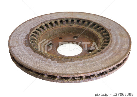 front brake rotor of car, from inside. Rusty brakes detail, dismantled to replace worn part. isolated on white background front brake rotor of car, from inside. Rusty brakes detail, dismantled to replace worn part. isolated on white background 127865399