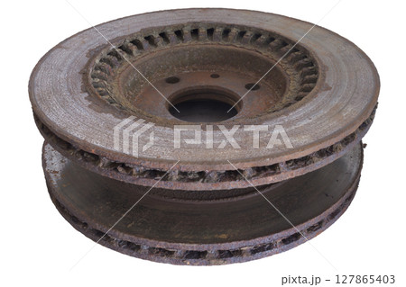 pair of replaceable parts of car's brake system. isolated on white background brake disks. with clipping path 127865403