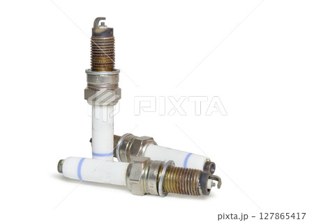 spark plugs, old, on white background, with clipping path 127865417