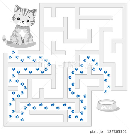 Help kitten pass through labyrinth to find a bowl with milk. Feed the hungry cat maze. Easy logic 127865591