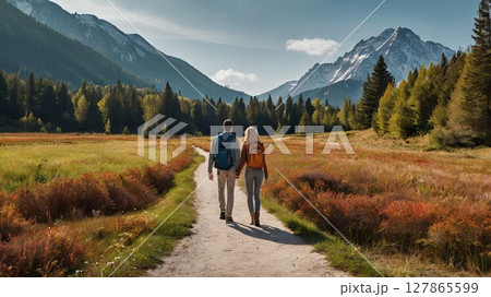 Romantic couple hiking through alpine valley path toward majestic snowy mountains - love, adventure and nature travel inspiration 127865599