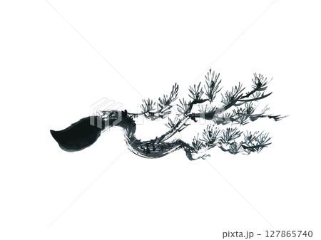 水墨画の松の木の枝イラスト（年賀状・お正月向けベクター） 127865740