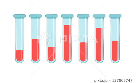 Modern chemistry concept image depicts transparent tubes staged on holder containing experimental liquids, rendered in clean geometric shapes with high clarity, extensive copy zone supports versatile 127865747
