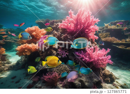 サンゴ礁の夏の海と、泳ぐ熱帯魚のイラスト素材 [127865771] - PIXTA