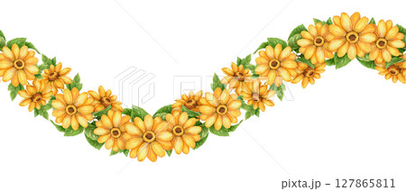 Wave seamless sunflower border with yellow bloom and green leaf. Bright watercolor art with hand drawn botanical flair. Great for vacation card design floral print and vibrant summer holiday decor. 127865811