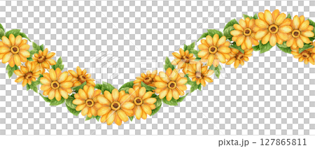 Wave seamless sunflower border with yellow bloom and green leaf. Bright watercolor art with hand drawn botanical flair. Great for vacation card design floral print and vibrant summer holiday decor. 127865811