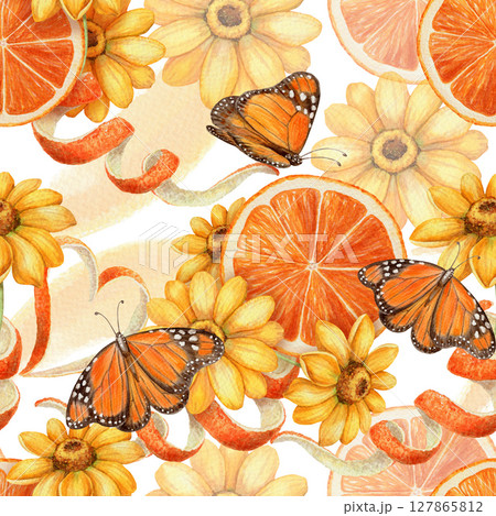 Seamless pattern with monarch butterfly and flower. Hand drawn watercolor background in bright yellow and orange colors. Ideal for fabric or wallpaper summer decoration and tropical print concepts. Seamless pattern with monarch butterfly and flower. Hand drawn watercolor background in bright yellow and orange colors. Ideal for fabric or wallpaper summer decoration and tropical print concepts. 127865812