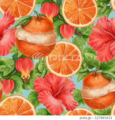 Seamless pattern with orange fruit ice cream, hibiscus flower and floral elements. Hand drawn watercolor design for fabric or wallpaper and colorful summer decoration with fresh tropical nature vibe. 127865813