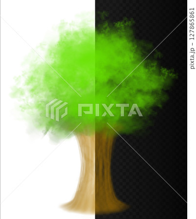 Vector realistic smoke cloud in a shape of a green tree with brown trunk. Beautiful fog isolated on 127865861
