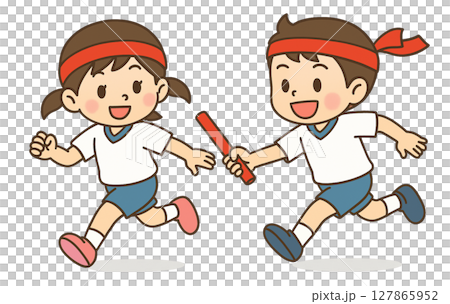 Illustration of a boy passing the baton and a girl receiving it in a relay race at a sports day 127865952