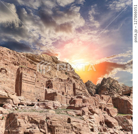 Mountains of Petra (against the background of a beautiful sky with clouds), Jordan, Middle East. Petra has been a UNESCO World Heritage Site since 1985 Mountains of Petra (against the background of a beautiful sky with clouds), Jordan, Middle East. Petra has been a UNESCO World Heritage Site since 1985 127866051