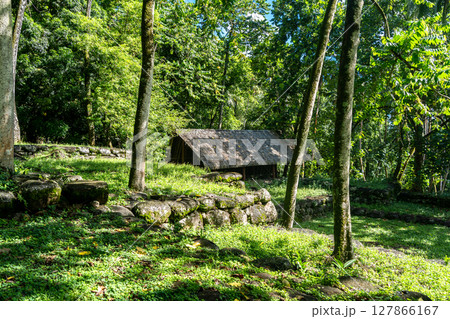 Thatched-roof building at Kamuihei archaeological site, Nuku Hiva, Marquesas Islands. French Polynesia 127866167