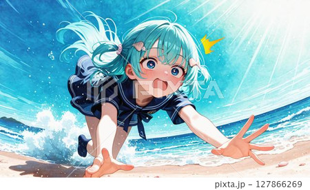 Startled Anime Girl Falling on a Sunny Beach 127866269