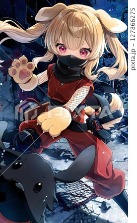Energetic Anime Girl Puppy Ninja in Urban Alley 127866275