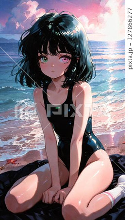 Pensive Anime Girl in Black Swimsuit by the Ocean 127866277