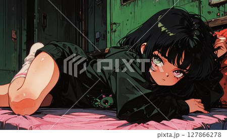 Relaxed Anime Girl with Black Hair and Heterochromia Lounging 127866278
