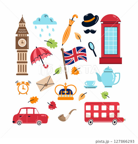 Set illustrations on theme of England. postcard decoration element. Set illustrations on theme of England. postcard decoration element. 127866293