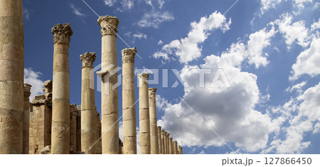 Roman Columns in the Jordanian city of Jerash (Gerasa of Antiquity), capital and largest city of Jerash Governorate, Jordan. Against the background of a beautiful sky with clouds 127866450