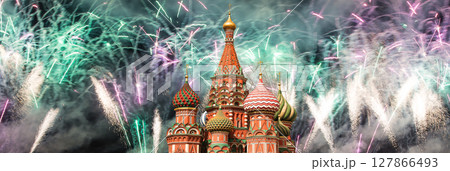 Temple of Basil the Blessed and fireworks in honor of Victory Day celebration (WWII), Red Square, Moscow, Russia. Temple of Basil the Blessed and fireworks in honor of Victory Day celebration (WWII), Red Square, Moscow, Russia. 127866493