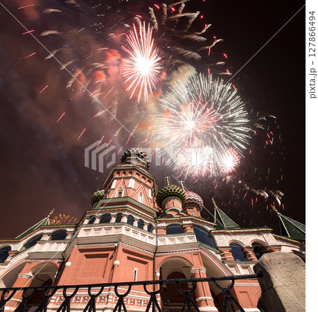 Temple of Basil the Blessed and fireworks in honor of Victory Day celebration (WWII), Red Square, Moscow, Russia. Temple of Basil the Blessed and fireworks in honor of Victory Day celebration (WWII), Red Square, Moscow, Russia. 127866494