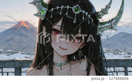 Enchanting Anime Girl with Demonic Horns and Volcanic Landscape 127866606