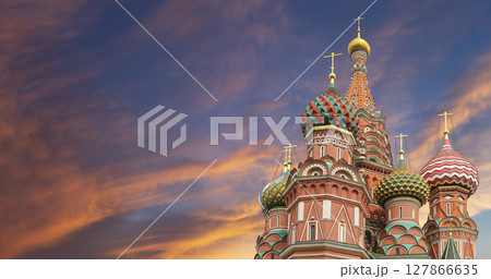 Temple of Basil the Blessed, Red Square, Moscow, Russia. Against the sunset. 127866635