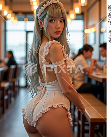 カフェで笑顔を見せるメイド風の女性　セクシーな衣装とカメラ目線　[AI生成画像] 127866880