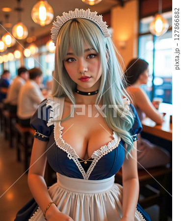 カフェで笑顔を見せるメイド風の女性　セクシーな衣装とカメラ目線　[AI生成画像] 127866882