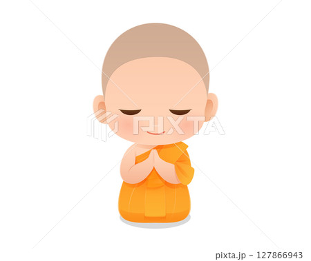 Adorable young novice monk kneeling in prayer with peaceful expression. 127866943