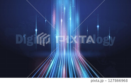 Glowing streaks of light, optical fiber, a high-speed line on a dark blue background. Glowing streaks of light, optical fiber, a high-speed line on a dark blue background. 127866968