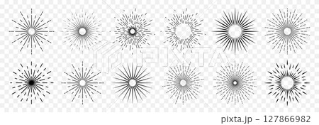 A set of icons with sun rays on a white background. A sunbeam with lines. 127866982