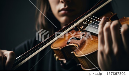 Close Up of Violin Performance with Dramatic Lighting and Artistic Composition 127867201