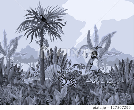 Monochrome pattern with jungle animals, flowers and trees. Vector. 127867299