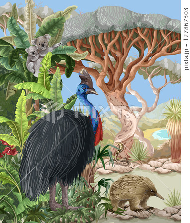 Australian landscape with animals and trees. Vector. 127867303