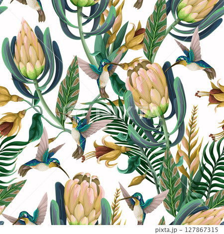 Seamless pattern with hummingbirds, protea and tropical flowers. Trendy vector print. Seamless pattern with hummingbirds, protea and tropical flowers. Trendy vector print. 127867315