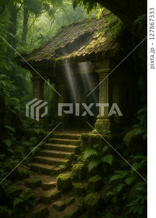 苔に覆われた古代神殿と差し込む光、ジャングルの奥深くに眠る神秘の遺跡 127867333