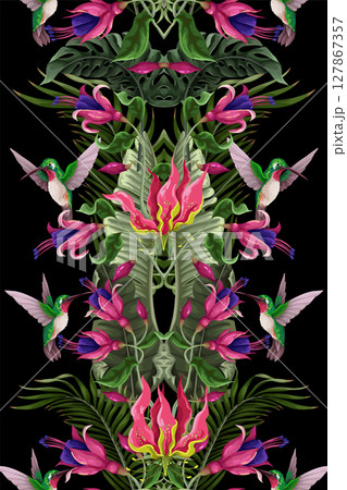 Seamless pattern with hummingbirds and tropical flowers. Trendy vector print. 127867357