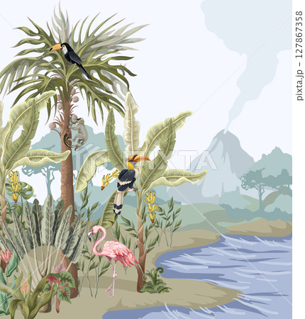 Pattern with jungle animals, flowers and trees. Vector. Pattern with jungle animals, flowers and trees. Vector. 127867358