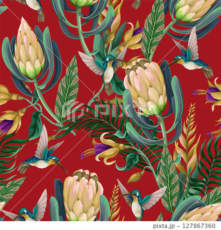 Seamless pattern with hummingbirds, protea and tropical flowers. Trendy vector print. 127867360