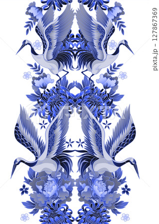 Border with mandarin ducks, flowers and cranes. Vector. 127867369